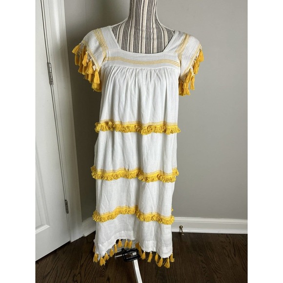Mer St Barth Sandrine Dress Size Medium White With Yellow Fringe - Picture 1 of 8